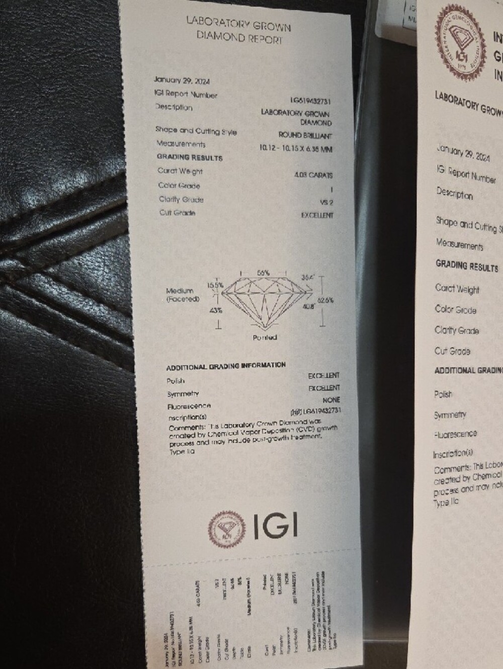 Loose Round Brilliant Cut Lab Diamond  4.03 I Color VS2 Clarity IGI Certificate - Picture 2 of 15